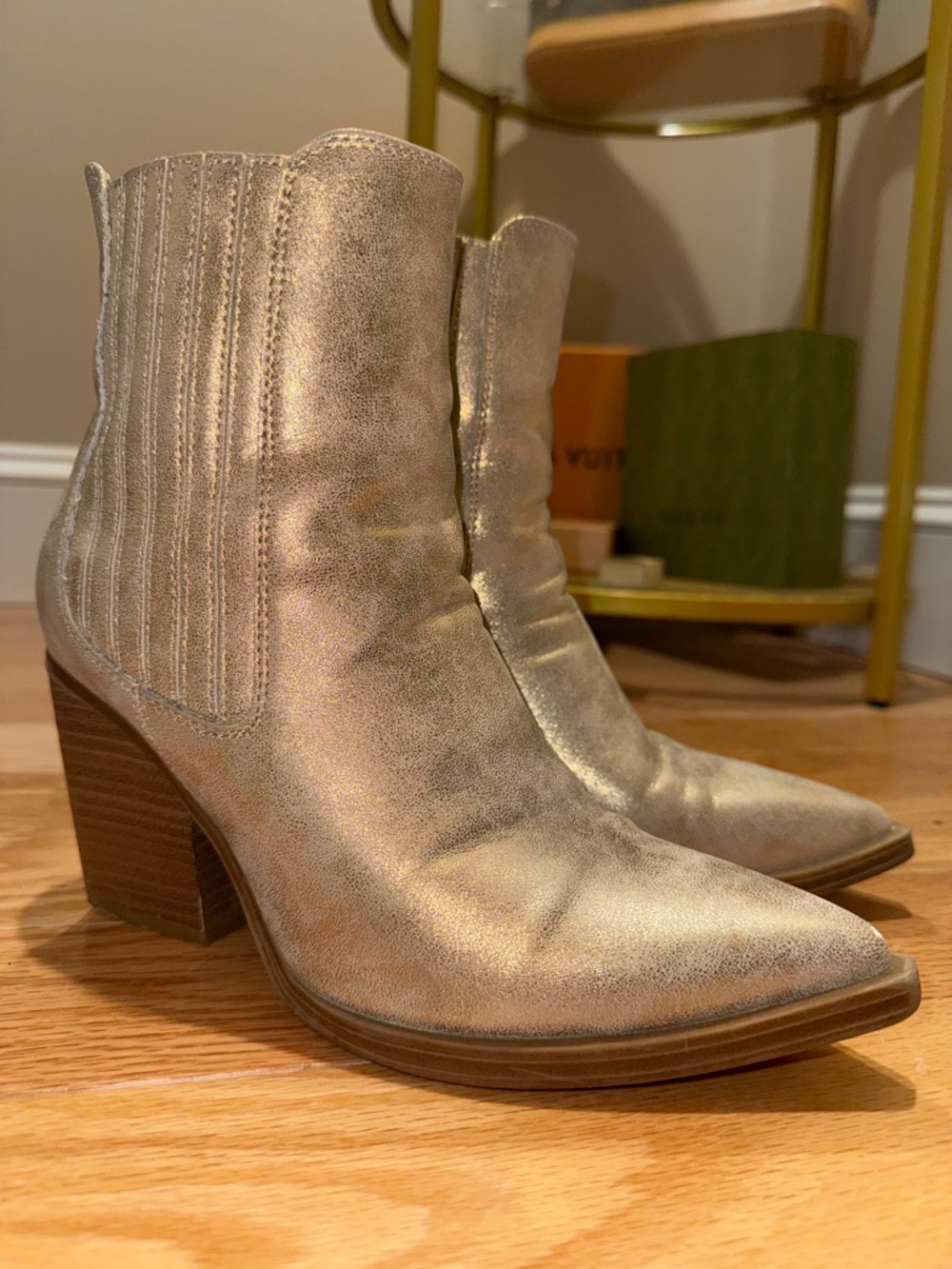 MIA Metallic Gold Pointed Toe Western Ankle Boots